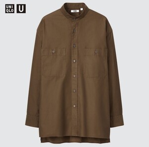 サイズ：S　タグ付き未使用品　定価:3990円　UNIQLO U　 ユニクロU オーバーサイズ スタンドカラーシャツ（長袖）ダークブラウン　　