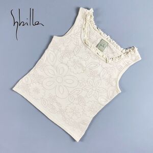 美品 Sybilla シビラ カシミヤ コットン 縁フリル 花模様 ノースリーブニットカットソー トップス レディース ベージュ サイズM*RC513