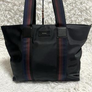 【美品】Paul Smith ポールスミス マルチストライプ トートバッグ ハンドバッグ ナイロン レザー A4 メンズ ブラック 黒 ビジネス 肩掛け