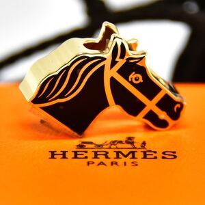 極美品 エルメス HERMES スカーフリング スカーフ留め カドリージュ ホース 馬 ゴールド ブラック 7.4g 即日配送