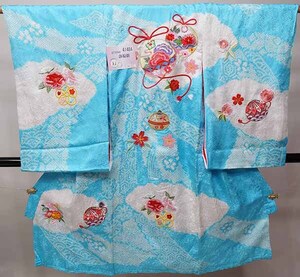 お宮参り 産着 女児 正絹 のしめ 着物 高級 綸子地 絞り 総刺繍 鈴 水色 女の子 祝着 一つ身 掛け着 初着 新品（株）安田屋 NO41484