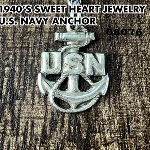 40sスウィートハートジュエリーUSNアンカー シルバー ヴィンテージ ネックレスNAVY