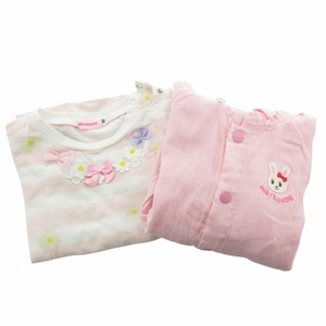 ミキハウス mikihouse 子供服2点セット ボーダーTシャツ パーカー 長袖 フーディー ワッペン チュール 花装飾 90 ピンク 白 ホワイト