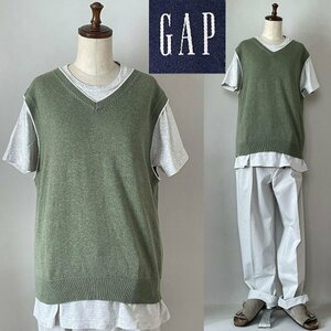 ★【ビンテージ オールド ギャップ 紺タグ】香港製 90s GAP コットン100% リブライン ベスト ジレ ノースリーブ S グリーン系 緑