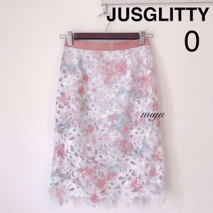 美品◆JUSGLITTY ジャスグリッティー レースプリントタイトスカート 0 XS ウエスト61cm★花柄 膝丈★ホワイト〜ピンク系★アパレル みゆ