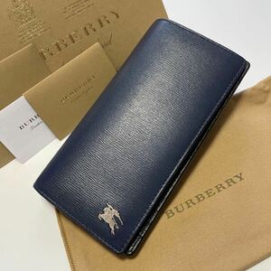 ★BURBERRY バーバリー 二つ折り 長財布 バイカラー ホースマーク レザー ネイビー メンズ 男性【鑑定済み 本物保証】