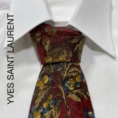 YVES SAIN LAURENT 植物柄 デザイン シルク ネクタイ ワイン