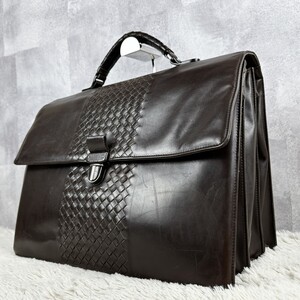 美品 BOTTEGA VENETA ボッテガヴェネタ ビジネスバッグ トート ハンド 肩掛け A4 通勤 書類 オールレザー ステッチ イントレチャート 茶