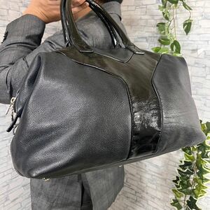 【美品】SAINT LAUREN イヴサンローラン メンズ ボストンバッグ トートバッグ 肩掛け イージー YSL パテントレザー 本革 大容量 ブラック