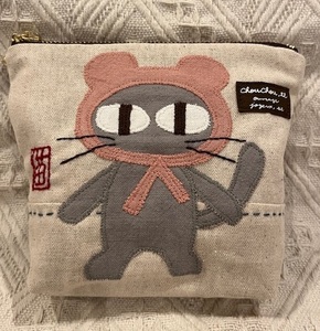 帽子をかぶったニャン(ネコ)16　マチ付くたくた小ポーチ　ハンドメイド　