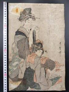 【真作】名作！本物浮世絵木版画 喜多川歌麿【三味線】美人図 江戸期 大判 錦絵 保存良い