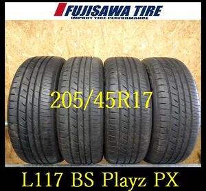 【L117】T4411024 送料無料◆2019年製造 約8部山◆BS Playz PX◆205/45R17◆4本