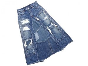 美品☆デニムダンガリー☆USED☆パッチワーク☆ダメージリペア☆デニムロングスカート サイズ16 DENIM DUNGAREE レディース ミセス