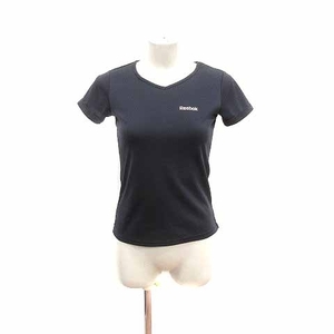 リーボック Reebok Tシャツ カットソー Vネック 切替 総柄 半袖 S 黒 ブラック /YK レディース