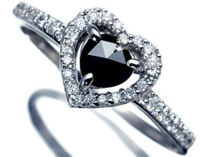 1円～【ジュエリー極】漆黒ハートデザイン！天然ブラックダイヤモンド0.26ct＆クリアダイヤ0.18ct 高級K14WGリング a1530iu【送料無料】