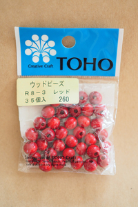 TOHO ウッドビーズ R8-3 レッド 35個入／直径8mm／ウッドパーツ／ヘアアクセサリー、ボタン、キーホルダーなど◎