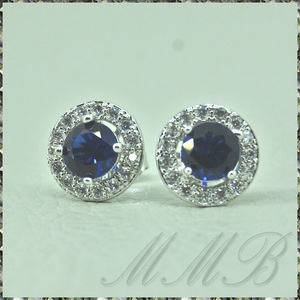 [EARRING] Blue Crystal Stone Platinum Plated φ5.8mm サファイアブルー AAA キュービックジルコニア φ10.5mm ラウンド スタッド ピアス