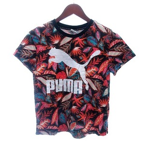 プーマ PUMA カットソー Tシャツ クルーネック プリント リーフ柄 半袖 S 黒 ブラック /AU レディース