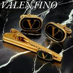 極美品 ヴァレンティノ ガルヴァーニ タイピン カフス ロゴ セット ゴールド