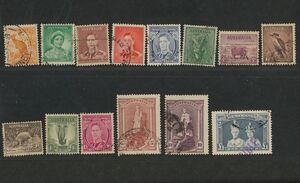 外国切手　AUSTRALIA 1937-46年 通常14種 (166-79) 使用済　上段右から2番目裏書込み有　