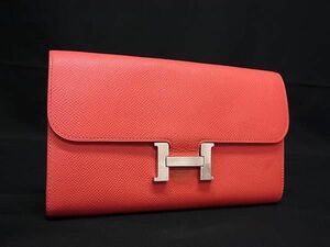 1円 HERMES エルメス コンスタンス ヴォーエプソン 二つ折り 長財布 ウォレット □Q刻印 レディース コーラル系 AY8825