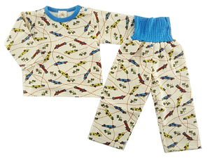 パジャマ 上下セット 子供 腹巻付き ロングパンツ 80サイズ ビークル柄 ブルー系