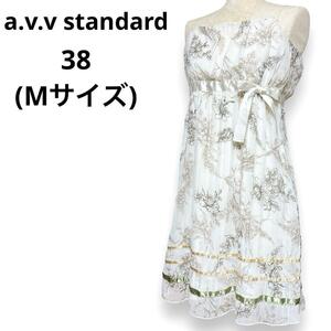 a.v.v standard アーヴェヴェ スタンダード レディース 38 Mサイズ 花柄 プリーツワンピース ウェストリボン キャミワンピ ノースリーブ 白