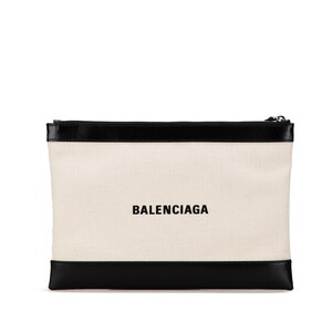 バレンシアガ ネイビークリップM クラッチバッグ セカンドバッグ 373834 ベージュ ブラック キャンバス レザー BALENCIAGA 【中古】