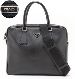 美品【鑑定済】 PRADA プラダ サフィアーノ レザー ビジネスバッグ 2way ショルダー メンズ ブリーフケース 保存袋 ブラック A4 大容量 