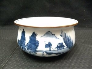 中古美品 京焼 橋本龍岳造 染付山水 建水 茶器 茶道具