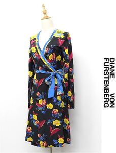 R-Q274/美品 DIANE von FURSTENBERG ガウンワンピース カシュクール 総シルク 総柄 花柄 長袖 ひざ丈 8 L 黒 黄 青