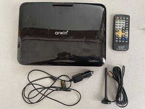 【中古品】 arwin ポータブルDVD マルチプレーヤー フルセグTV搭載 APD‐106F 10.1型 Wチューナー テレビ DVD CD SD USB 付属品あり