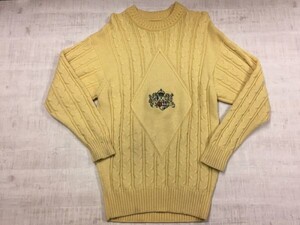 プリングル Pringle スコットランド製 90s 古着 オールド レトロ ケーブル編み エンブレム刺繍 ニット セーター メンズ ウール100% S 黄色