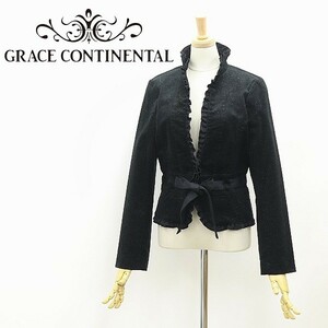 ◆GRACE CONTINENTAL グレースコンチネンタル ストレッチ ラメ混 レース使い フリル ウエストリボン スタンドカラージャケット ブラック 38