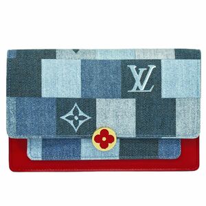 本物 ルイヴィトン LOUIS VUITTON LV ポルトフォイユ フロール モノグラム デニム クラッチバッグ 長財布 ブルー ルージュ M69036