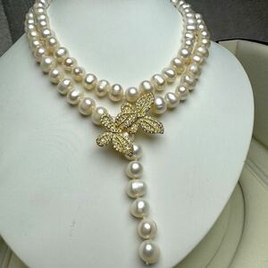 天然無調色本真珠ネックレス8mm 85cm necklace jewelry 蝶々デザイン 天然物 パールネックレス