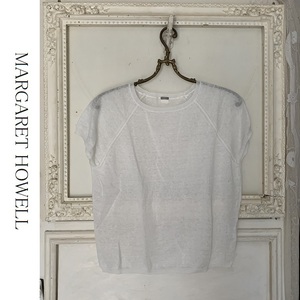 新品同様 マーガレットハウエル MARGARET HOWELL 麻リネン１００％ 白ホワイト　半袖ニット F 　レディース服