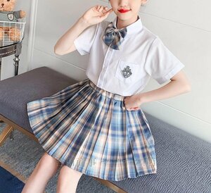 A0943☆新品制服 2点セット セーラー服 女の子 子供服 半袖シャツ プリーツスカート チェック柄 キッズ JK制服 Aライン 学生服 ブルー