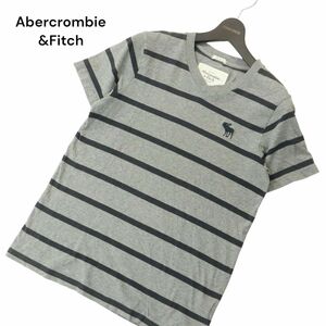 Abercrombie&Fitch アバクロンビー＆フィッチ トナカイ刺繍★ 半袖 Vネック ボーダー カットソー Tシャツ Sz.M　メンズ 灰　A4T08258_7#D