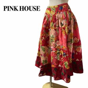 PINK HOUSE ピンクハウス フレアスカート パッチワーク 花柄 赤レッド ピンク M相当