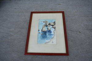 Qm140 風景画 海辺 海 木製額 骨董 古玩 古道具 絵画 縦40.5cm 横31.5cm 80サイズ
