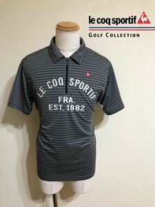 【美品】 le coq sportif golf ルコック ゴルフ ウェア ハーフジップ プルオーバー サイズL 半袖 グレー 黒 ボーダー柄 デサント QG1386PG