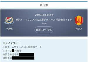 2024/12/8 14:00 横浜Ｆ・マリノス対名古屋グランパス メインサイド １階ホーム メイン 2X列96番 通路側 １枚