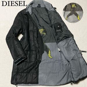 【希少 XL!!】DIESEL ディーゼル コーティング ロングコート ダウン 裏地総柄 ボックス キルティング ブラック 黒 サイズXL