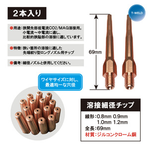 ＜線形自由選択！＞ CO2 溶接 細径 チップ 長さ 69mm 線形（ 0.8mm 0.9mm 1.0mm 1.2mm ）2本