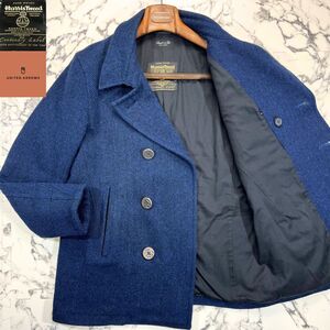 100周年限定/別注●Harris Tweed × ユナイテッドアローズ ピーコート ウール アウター ジャケット ヘリンボーン 青 ブルー ハリスツイード