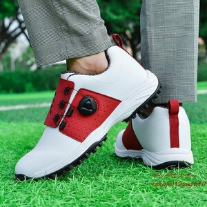 ゴルフシューズ 正規新品 メンズ ウォーキングシューズ 運動靴 履きやすい ダイヤル式 幅広い 超軽量スポーツ 防水 防滑 耐磨 白/赤 25.5cm
