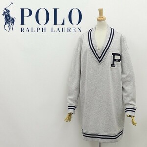 国内正規品◆POLO RALPH LAUREN ポロ ラルフローレン 裏起毛 パイル刺繍 Vネック チルデン スウェット チュニック ワンピース グレー M