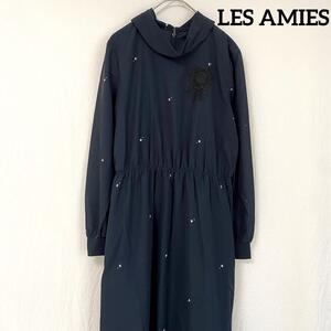 新品タグ【LES AMIES】SUTERA 長袖ロングシャツワンピース 9号M ブラック 黒 花柄刺繍 レトロ感 裏地付 きれいめ 