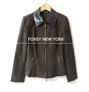 美品 FOXEY NEWYORK フォクシーニューヨーク サイズ40 フェイクレザー エルボーパッチ ジップアップ ジャケット ブルゾン ブラウン